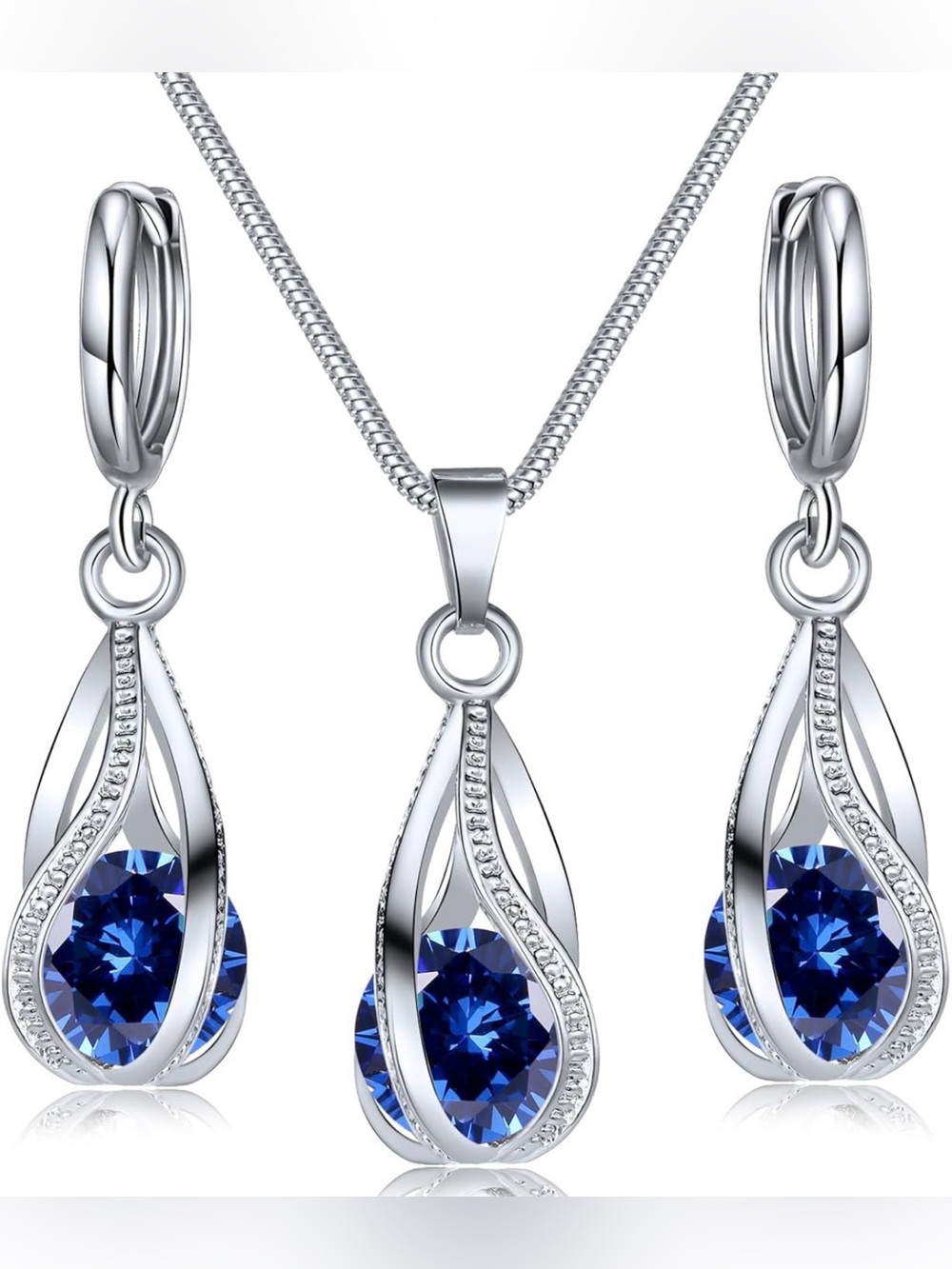 NWT 3PC Blue Crystal Teardrop Pendant Necklace & Huggie Drop Earrings Set Silver - Picture 4 of 4